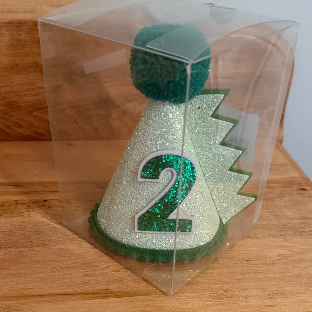Two-REX Green Glitter Party Hat for 2nd Birthday